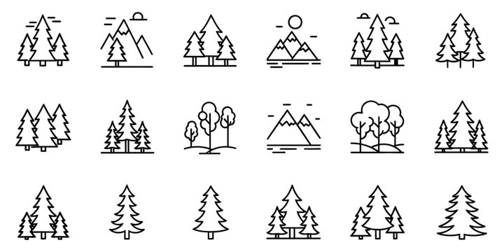 Nature and outdoor adventure concept featuring modern line art icons of trees and mountains