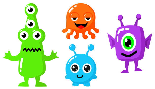 Set of funny cute alien characters with vibrant colors and friendly expressions on white background.