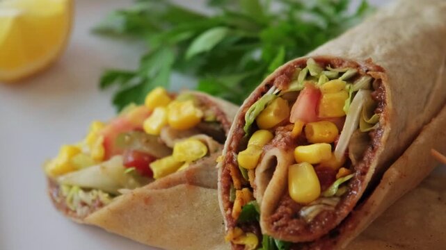 A detailed close up video of a traditional spicy cig kofte wrap cut in half and neatly presented on a modern white square plate, showcasing authentic Turkish street food presentation