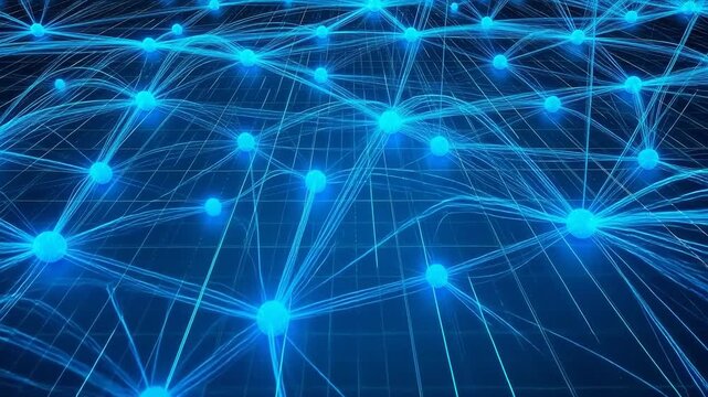 Abstract glowing blue network of interconnected nodes with lines forming a complex digital web