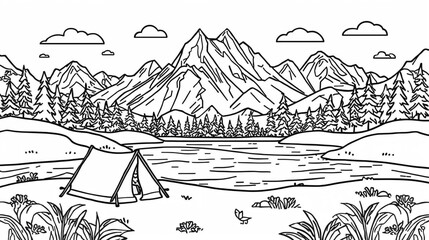 Fototapeta premium black and white line art camping in the mountains and lake for coloring