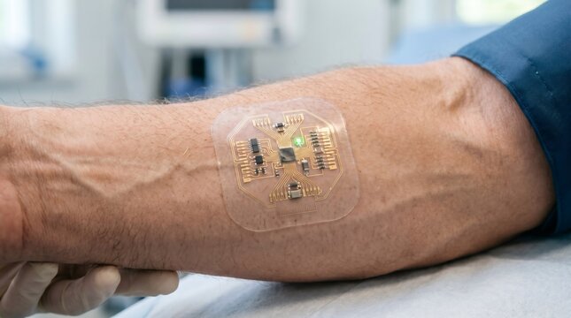 Advanced wearable bio-sensor patch with microchip on patient arm for digital health monitoring