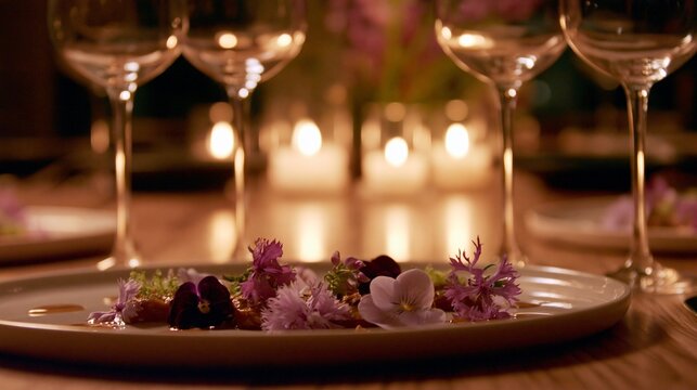 Eyelevel medium shot showcasing empty wine glasses with a delicately plated vegan menu featuring edible blossoms highlighted by intimate warm candlelight and shallow depth