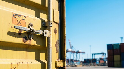 Naklejka premium Shipping container with rusty door latch and warning sticker at commercial port, global trade and freight transportation.