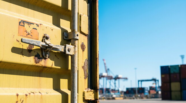 Shipping container with rusty door latch and warning sticker at commercial port, global trade and freight transportation.