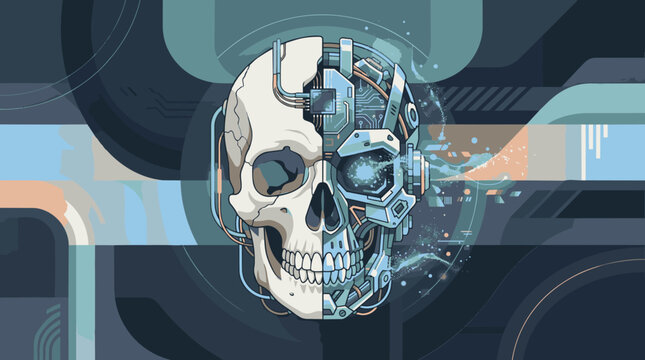 Futuristic cyborg skull with mechanical parts and glowing digital circuits on a dark geometric background.