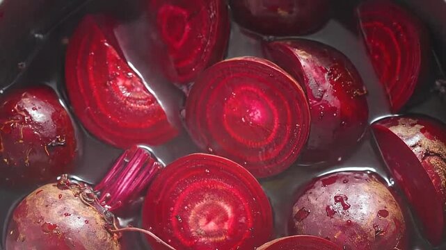 Fresh red beet slices are boiling in a pot of hot water for a healthy meal preparation