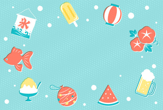 summer icon frame with a set of retro Japanese summer vector illustration