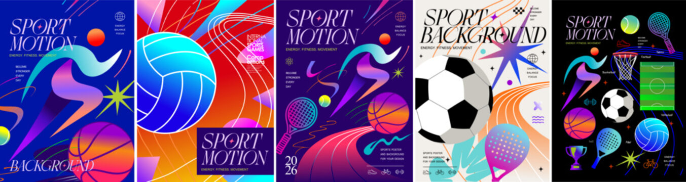 Sports poster and background. Vector abstract gradient neon illustration of athlete silhouette, volleyball, football, and basketball balls, tennis racket, padel, lines and shapes for fitness, competit