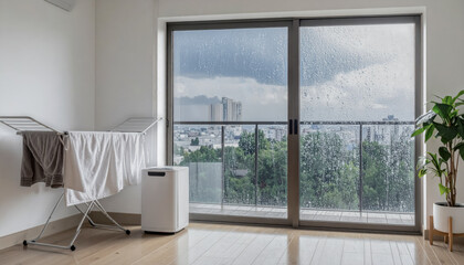 Fototapeta premium Indoor Clothes Drying With Dehumidifier In Rainy Apartment