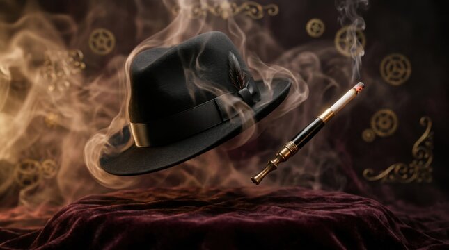 Focused view of a glossy 3Drendered tuxedo fedora and cigarette holder floating gracefully surrounded by soft smoke wisps and brass accent details on a plush velvet base