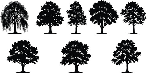 Fototapeta premium Set of seven detailed tree silhouettes isolated on white background, natural forest elements for landscape design, illustration, and environment art