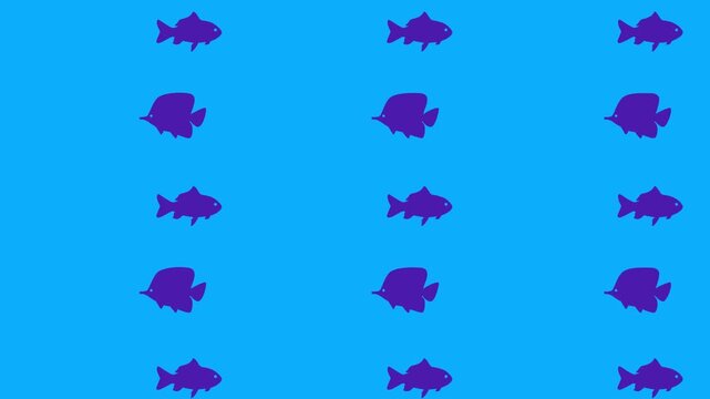 Seamless pattern of stylized purple fish silhouettes swimming in a dynamic aquatic blue background, creating a vibrant and repetitive underwater concept design