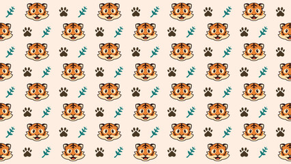 Obraz premium Cartoon tigers and paw prints repeat on soft beige background. Tigers smile cheerfully, surrounded by green leaves. Pattern feels playful and child-friendly