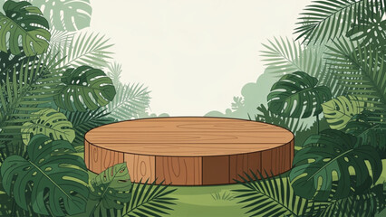 Obraz premium Wooden Stage Platform Surrounded by Tropical Greenery for Events.