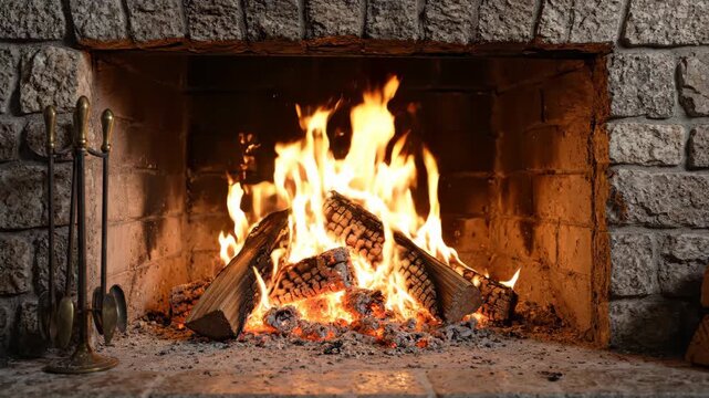 Stone fireplace with burning wood bright flame cozy home interior hearth log fire brick warm search optimized title
