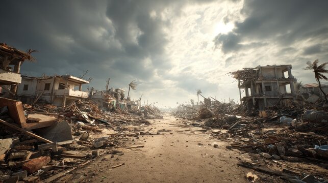 Devastation aftermath, exploring a city landscape destroyed by natural disaster