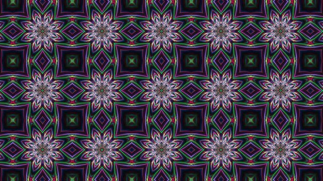 Symmetrical rows of abstract shapes making chequered pattern. Rhythmic looping motion of glowing linear elements. Mosaic pattern changes of whimsical neon flowers blooming on dark. 4K UHD 4096x2304