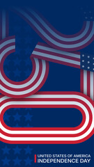 Fototapeta premium USA Independence Day vertical banner with abstract American flag ribbons and stars on a dark blue background.