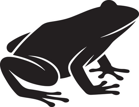 Black silhouette illustration of a frog in sitting position isolated on white background for design, animal icon, amphibian symbol, nature logo element, wildlife graphic design