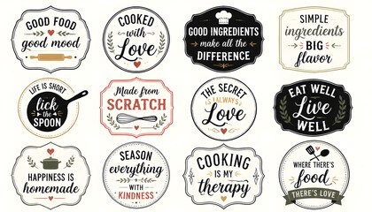 Obraz premium collection of food and cooking themed logos badges and signs for businesses like bakery restaurant cafe and home kitchens good food good mood.