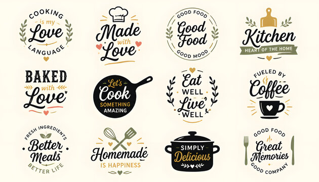 collection of culinary logos with food and drink themes for bakery restaurant cafe and home kitchen businesses cooking is love language good food.