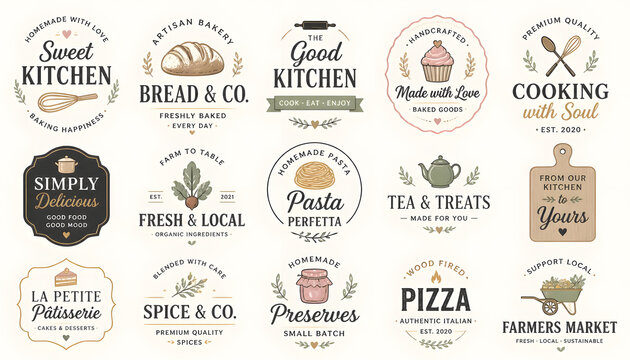 collection of vintage kitchen logos and badges with food and drink themes for bakery restaurant cafe and culinary businesses.