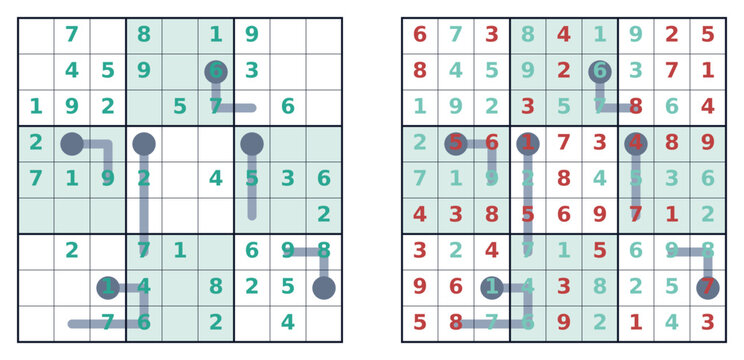 Sudoku puzzle grids with highlighted solutions and hints  