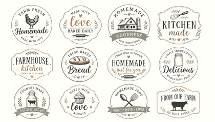 Fototapeta premium Farmhouse kitchen labels and vintage style homemade food badges featuring country made farm fresh ingredients and baked with love daily stamps for rustic product packaging and organic brand identity.