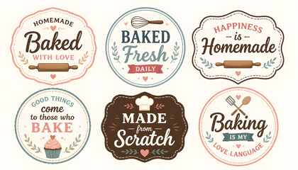Obraz premium Set of six round and decorative kitchen and baking emblems with phrases such as 
