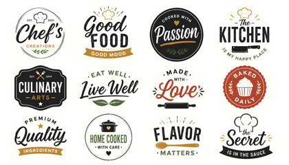 Custom blinds with your photo Set of twelve cooking and baking themed emblems with chef hats, spatulas, rolling pins, and leaves, featuring phrases like "chef's creations" and "made with love" on a white background.