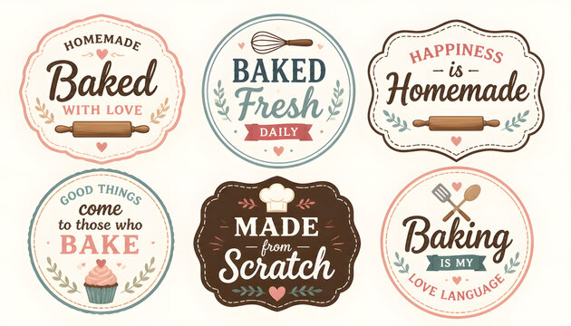Set of six round and decorative kitchen and baking emblems with phrases such as "homemade baked with love" and "baking is my love language," featuring cooking tools.