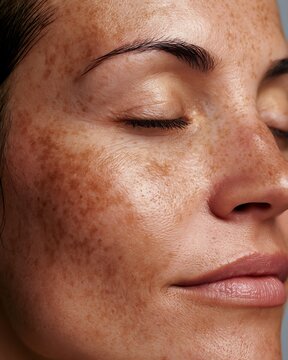 macro close-up of sensitive skin with melasma patches and sun-induced pigmentation,