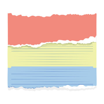 Torn lined paper with red, yellow, and blue sections