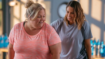 Fototapeta premium Plussize student receives attentive stance correction from woman coach in community fitness room soft natural light casting gentle shadows on water bottles and clock behind them
