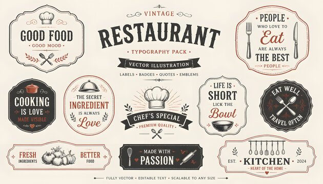 Vintage restaurant typography pack with labels badges quotes emblems for food and cooking business, chef hat fork spoon knife retro design elements.