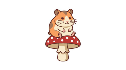 Fototapeta premium Cute Hamster Sitting on a Red Mushroom, Cartoon Style, Isolated