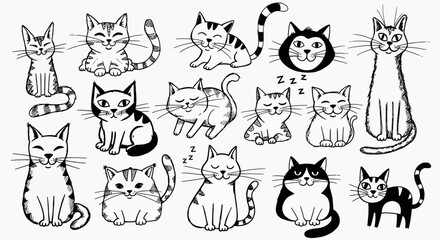 Fototapeta premium Cute Hand Drawn Cat Doodles - Black and White Cartoon Animals