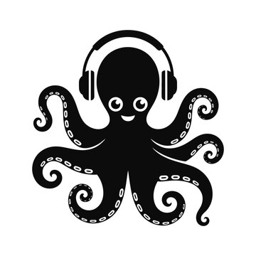 Cute octopus wearing headphones, music listening sea animal, simple black silhouette.