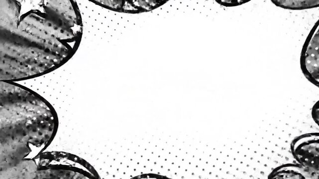 A black and white comic book background with a central speech bubble and star shapes
