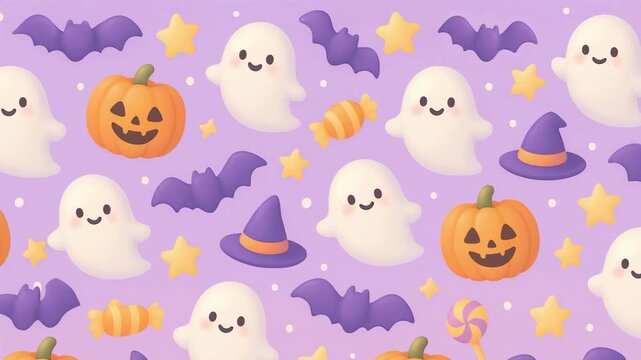 Happy Halloween Pattern with Cute Ghosts, Pumpkins, Bats, and Candy on a Purple Background