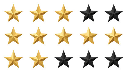 Obraz premium Review rating system with gold and black five pointed stars on white background feedback symbols customer satisfaction evaluation ranking interface elements for business service quality assessment.