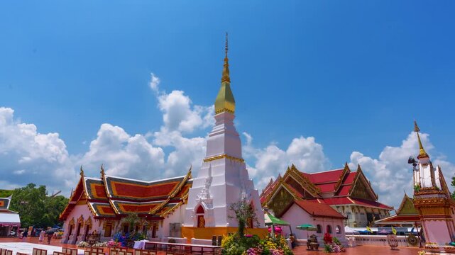 
SAKON NAKHON,THAILAND- MAY 31,2026:Time lapse of Buddhists come to pay their respects at Wat Phra That Choeng Chum a major and sacred religious monument of Sakon Nakhon Province in Thailand.