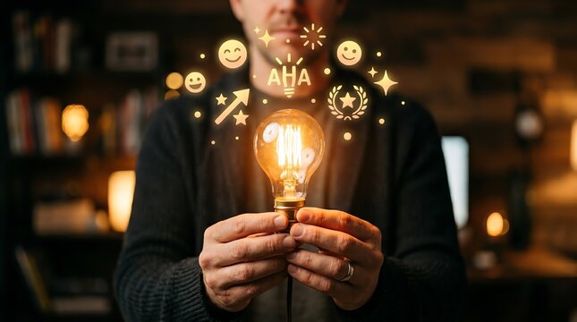 A person's hands holding an illuminated light bulb, a vivid representation of creative genius, surrounded by sparkling holographic icons symbolizing innovative ideas, inspiration, and success