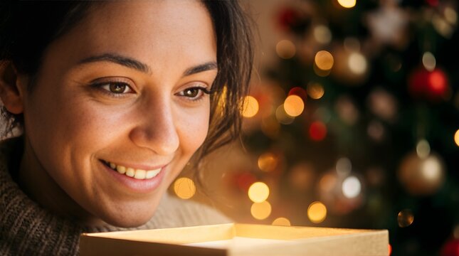 Happy woman looking inside a glowing present box at home during Christmas