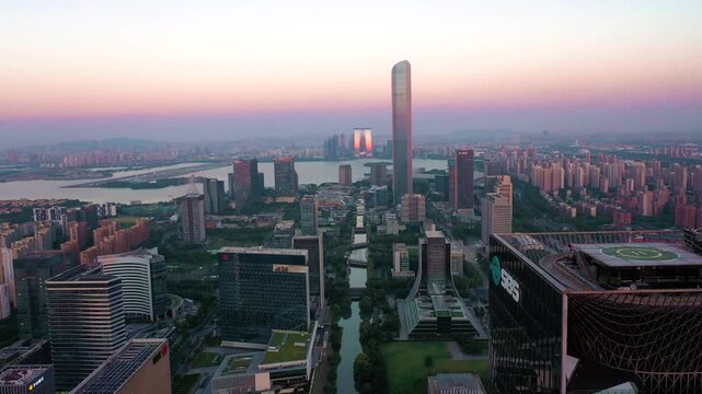 Aerial view of modern Suzhou skyline and Jinji Lake at sunset, China in Suzhou, Jiangsu, China