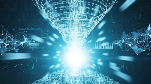 A digital funnel processes data streams over a glowing abstract city landscape
