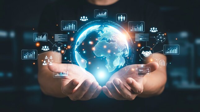 Human hands holding a glowing holographic globe with digital data streams, symbolizing global technology, network connectivity, and future business innovation