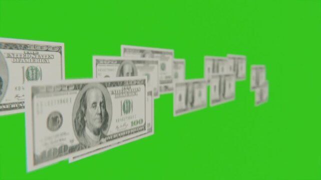 3d usa dollar bills on a green screen background