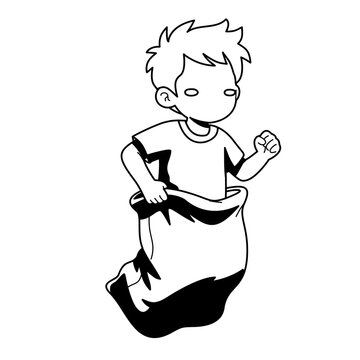 Cartoon illustration of a young boy participating in a sack race competition.